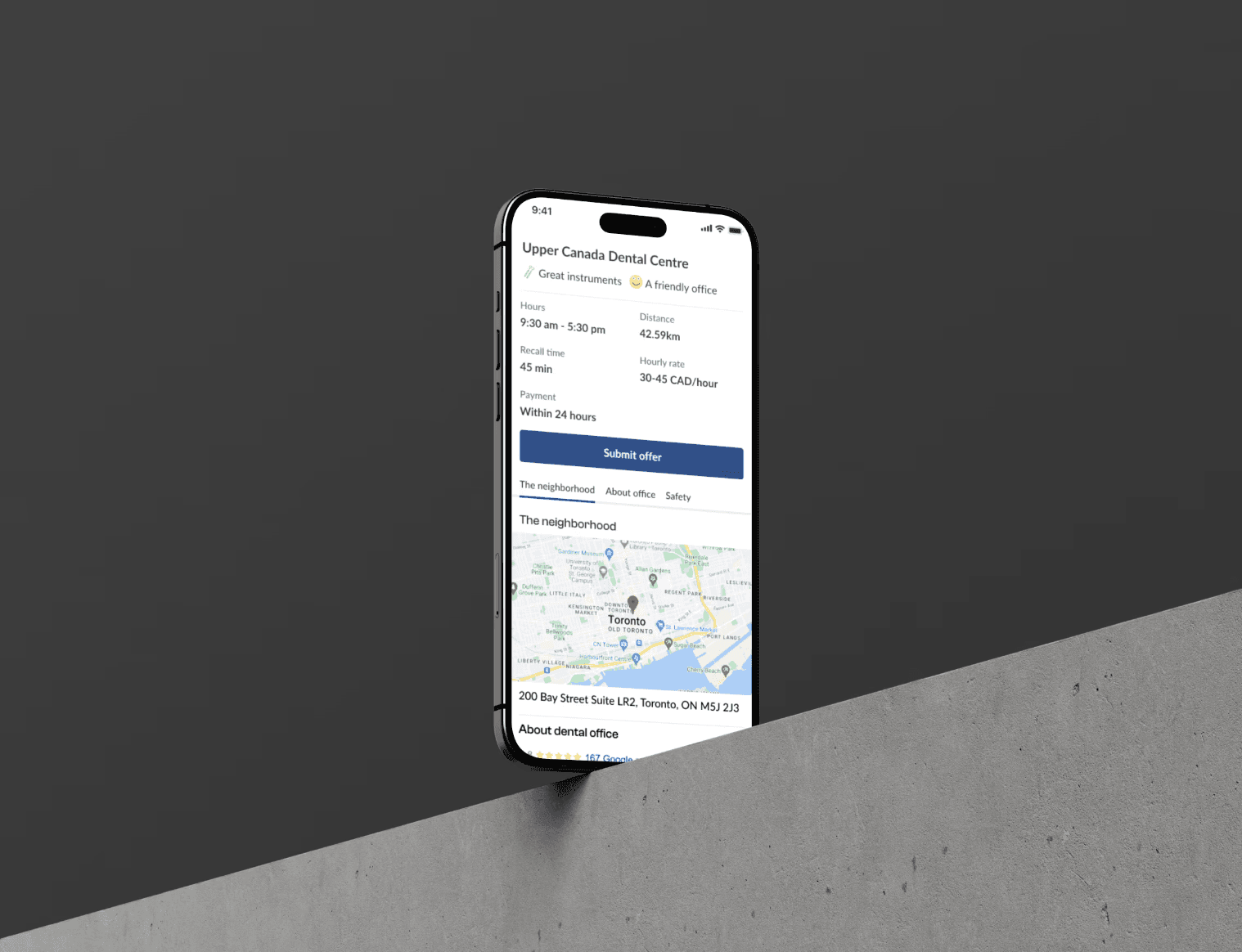 TempStars dental centre profile with neighborhood and shift details