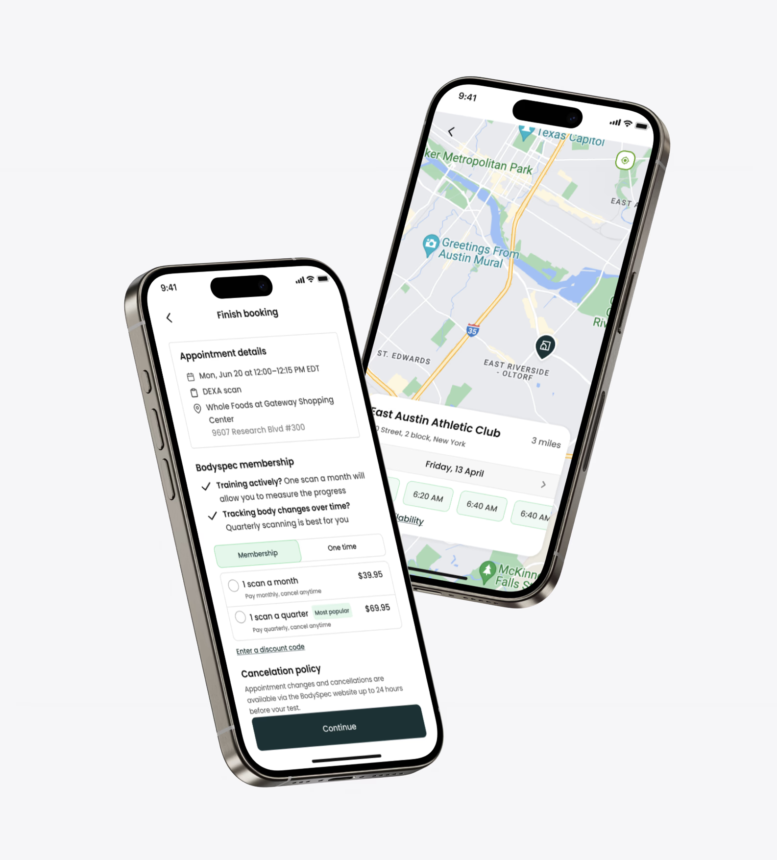 BodySpec mobile app booking interface