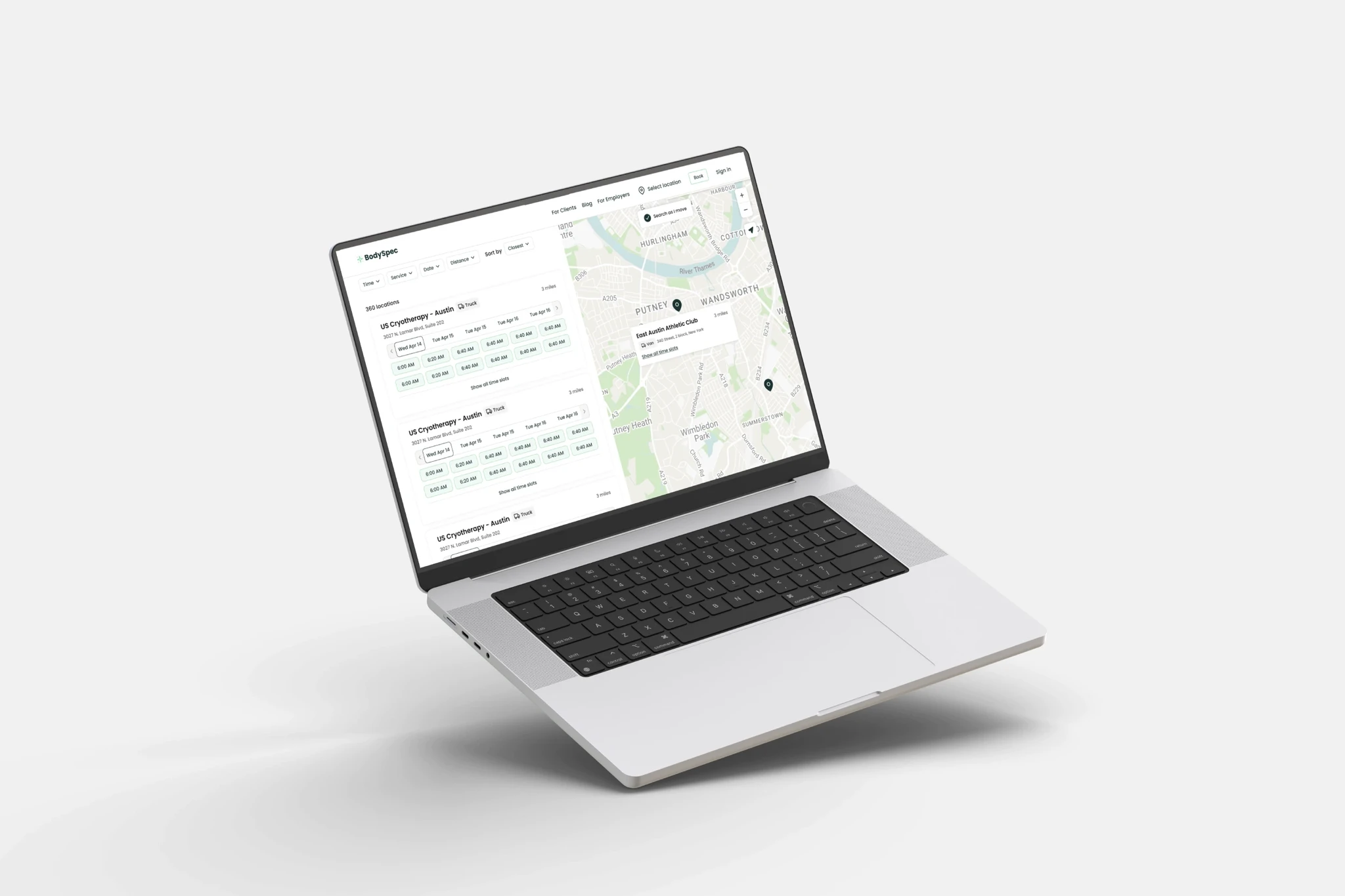 BodySpec location booking interface on laptop