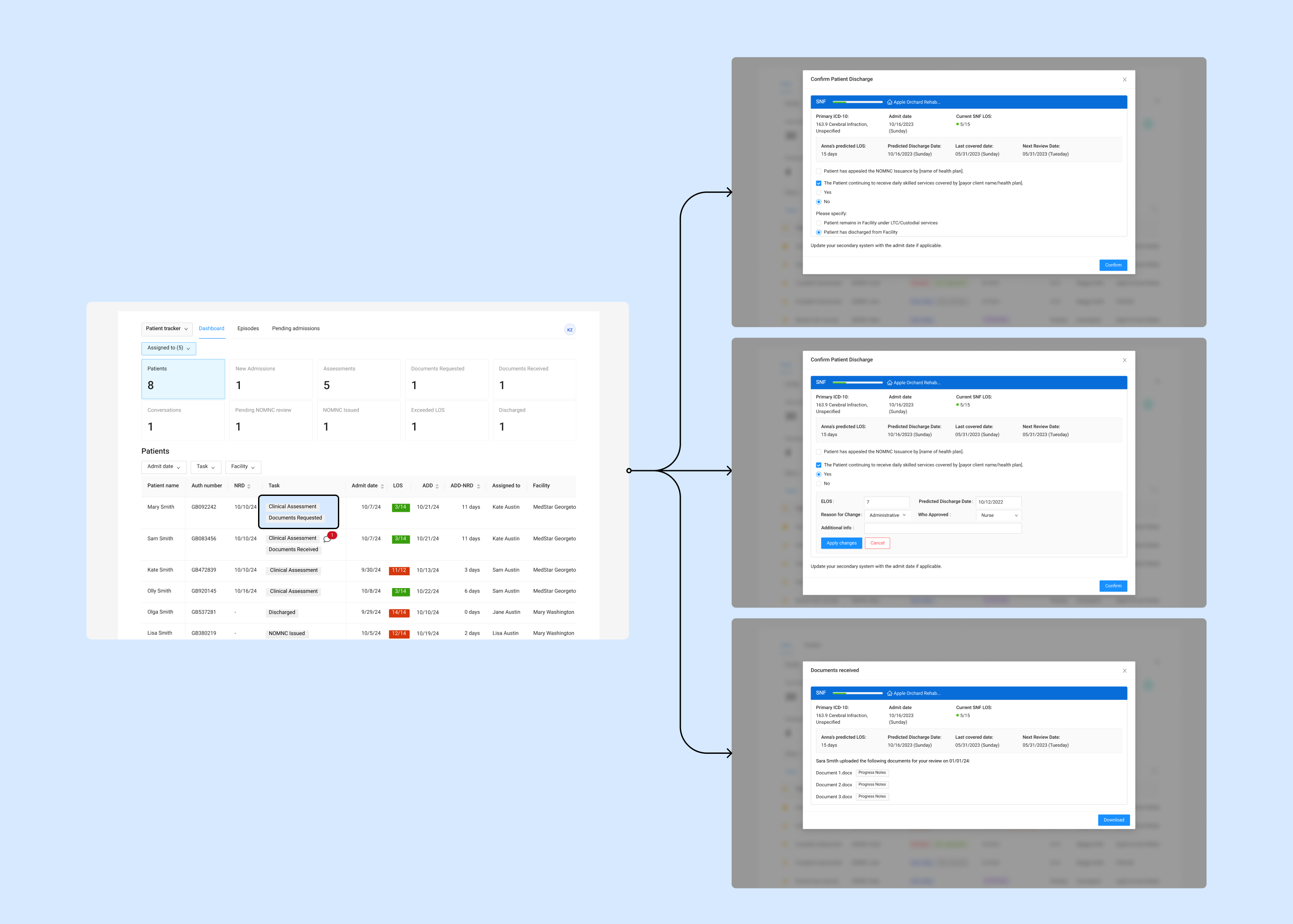 Modal keeping patient clinical data in view while discussing document needs