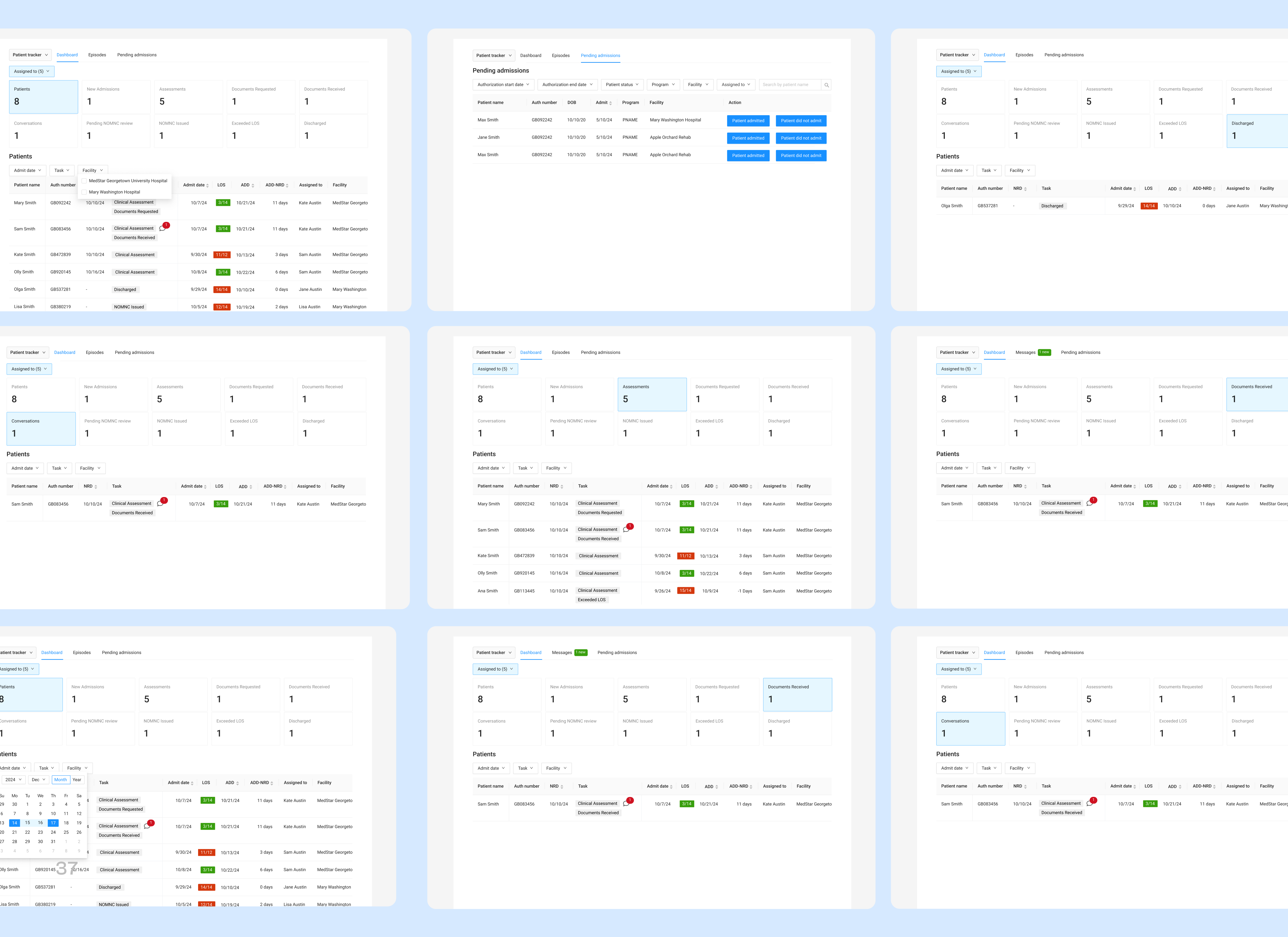 PAA dashboard design variations: tile interactions, filters, message integration, and urgency indicators