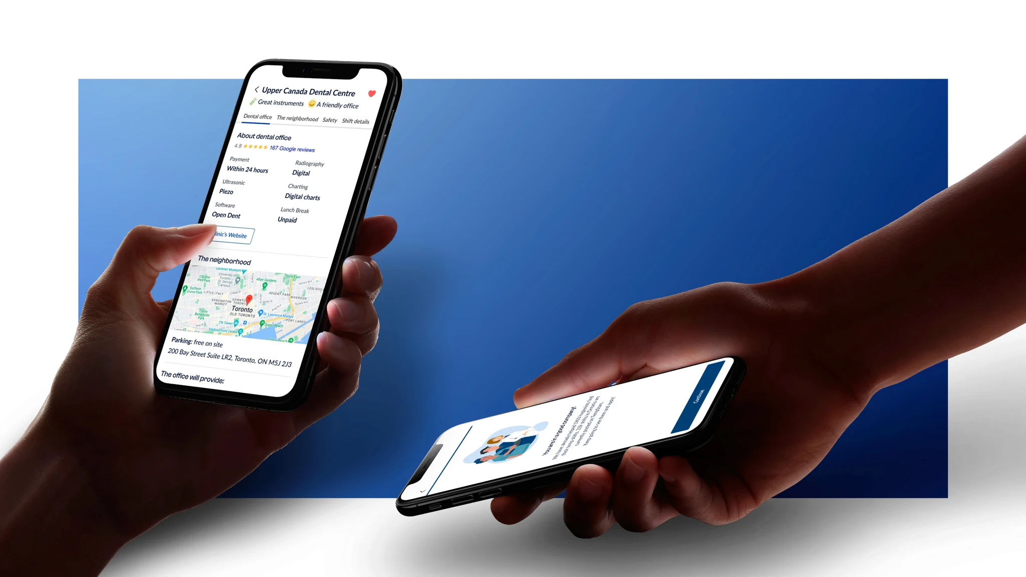 Dental centre profile and onboarding – two phones showing clinic detail and You are in a good company
